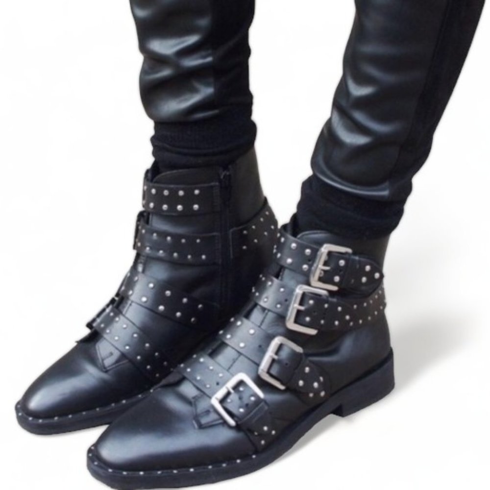 Topshop Amy Studded Leather Combat Biker Boots in Black Silver Womens Size 6.5
